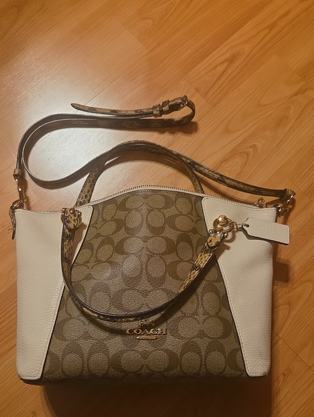 Coach Brown Signature Canvas Satchel with White Leather Panels